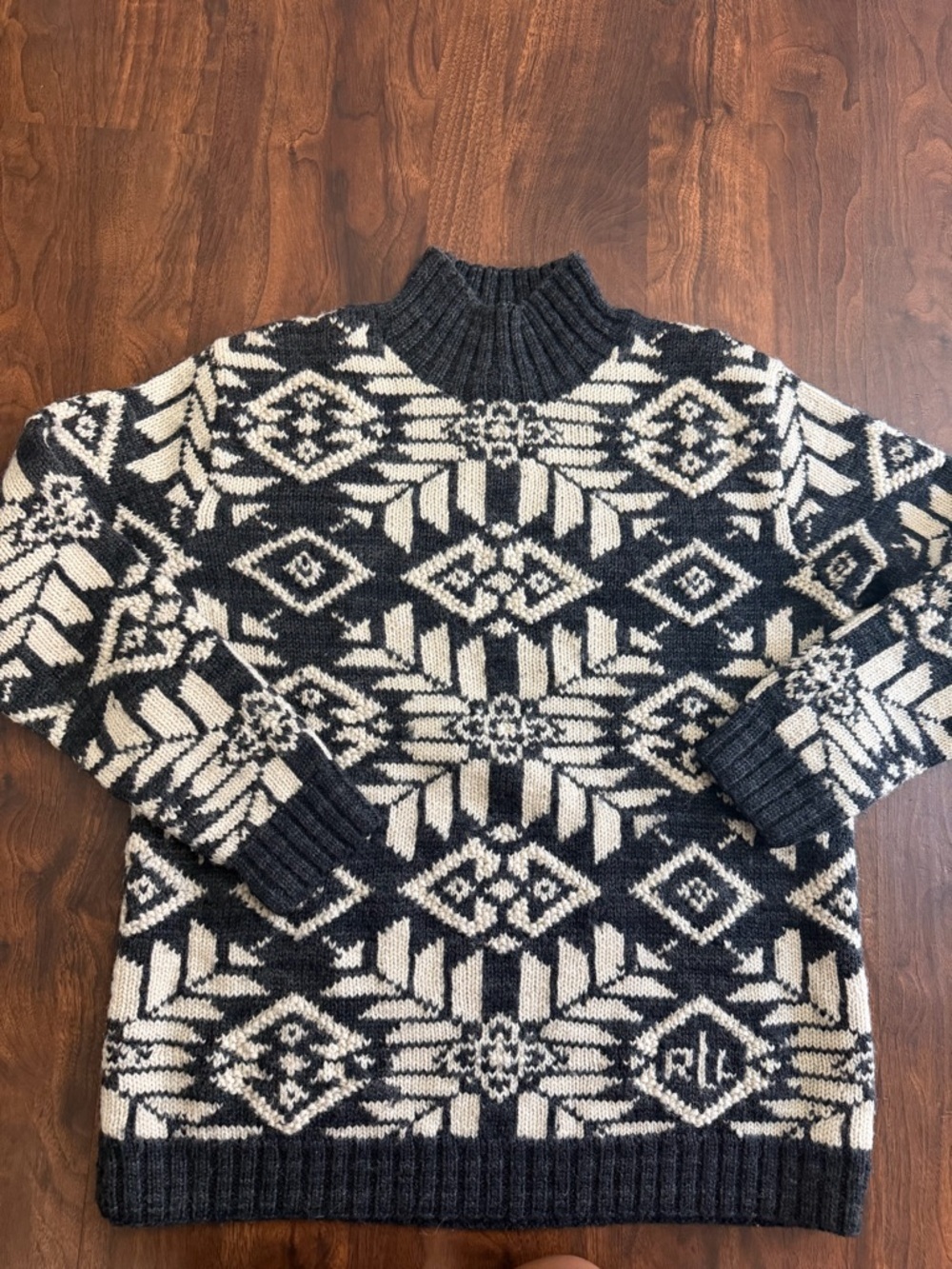 Ralph Lauren Black and Cream Fair Isle Wool Turtleneck Sweater